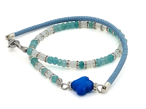 Diamond Bracelet double tour en cuir nappa - Jade de Malaisie Bleu clair